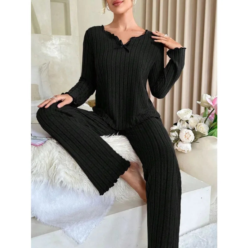 Ribbed Pajamas Set for Women, Long Sleeve Top, Long Pants Set, Autumn Winter Sleepwear