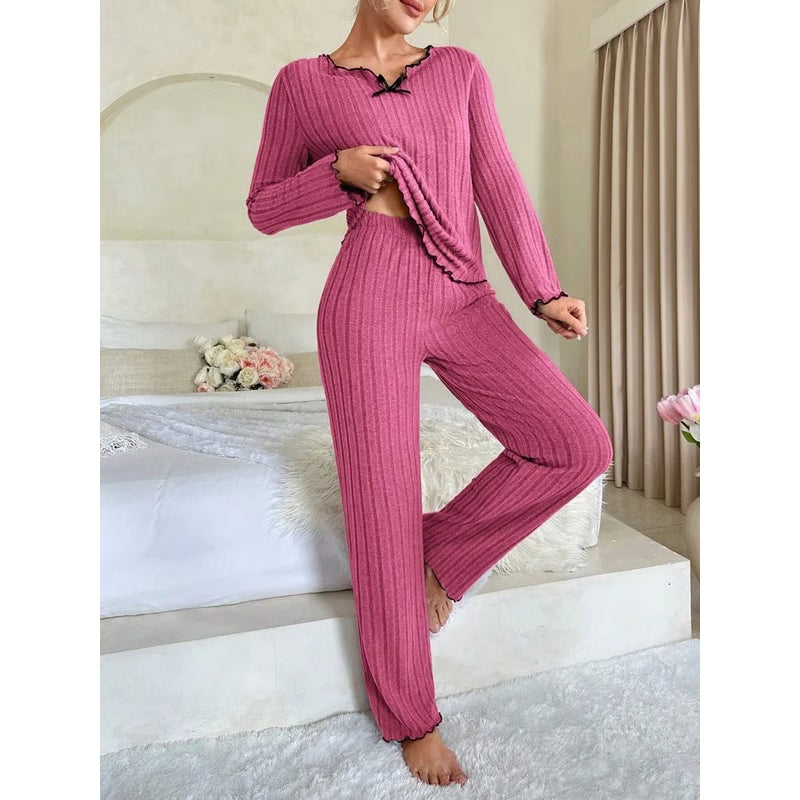 Ribbed Pajamas Set for Women, Long Sleeve Top, Long Pants Set, Autumn Winter Sleepwear