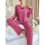 Ribbed Pajamas Set for Women, Long Sleeve Top, Long Pants Set, Autumn Winter Sleepwear