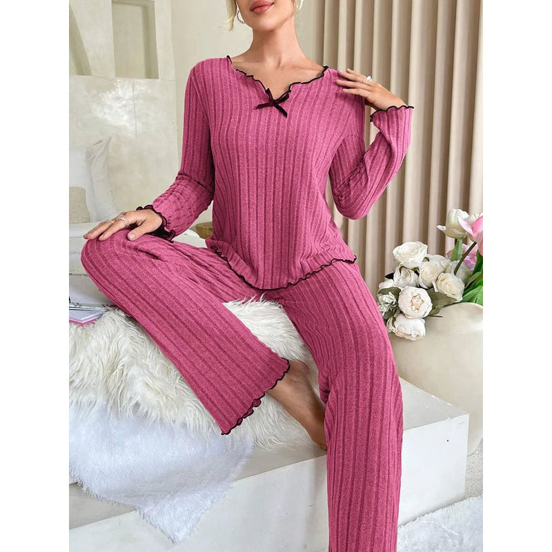 Ribbed Pajamas Set for Women, Long Sleeve Top, Long Pants Set, Autumn Winter Sleepwear