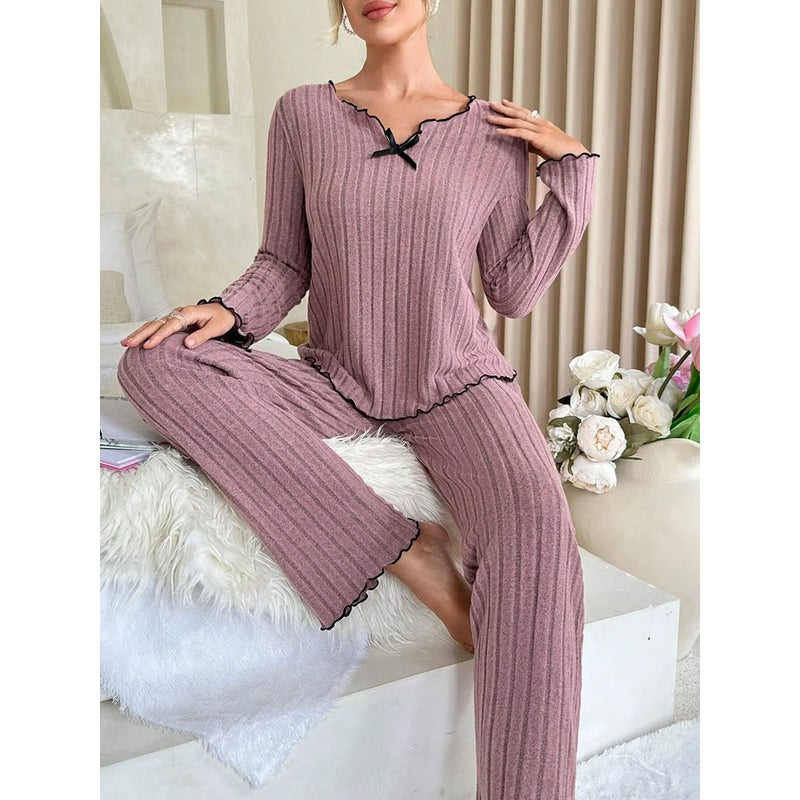 Ribbed Pajamas Set for Women, Long Sleeve Top, Long Pants Set, Autumn Winter Sleepwear