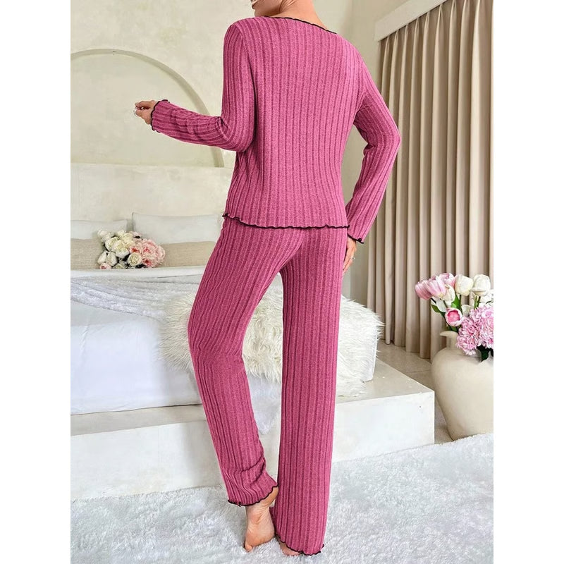 Ribbed Pajamas Set for Women, Long Sleeve Top, Long Pants Set, Autumn Winter Sleepwear