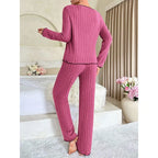Ribbed Pajamas Set for Women, Long Sleeve Top, Long Pants Set, Autumn Winter Sleepwear