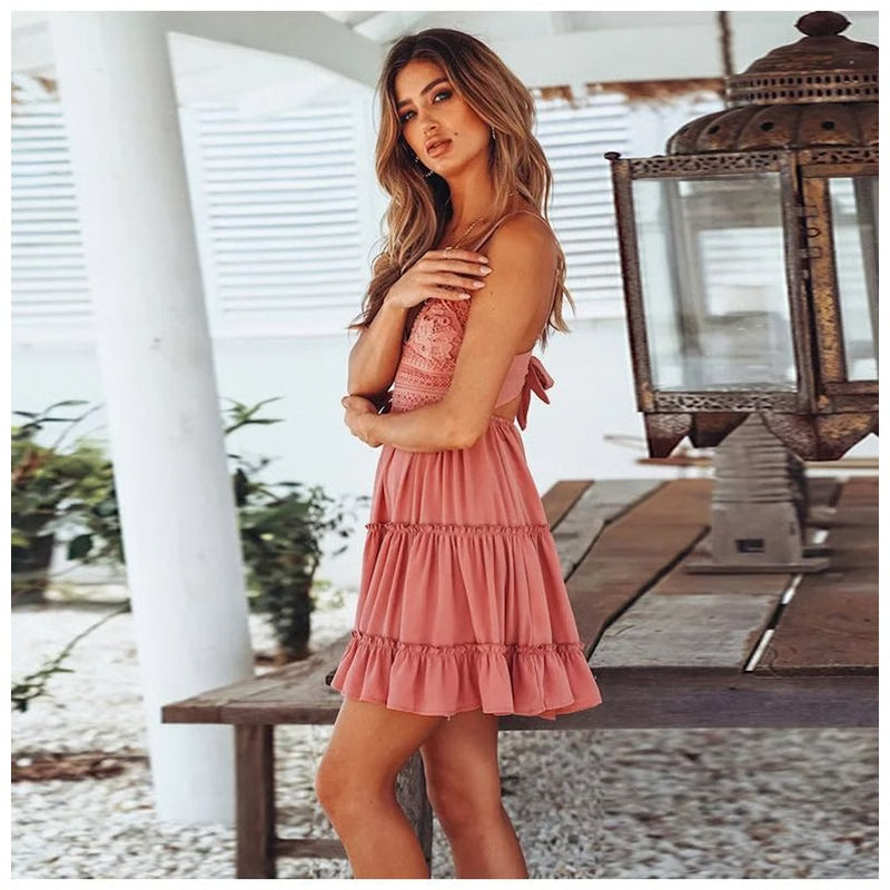 Women Fashion Solid Color Lace Strap Elegant Summer Dress Seaside Vacation Wear